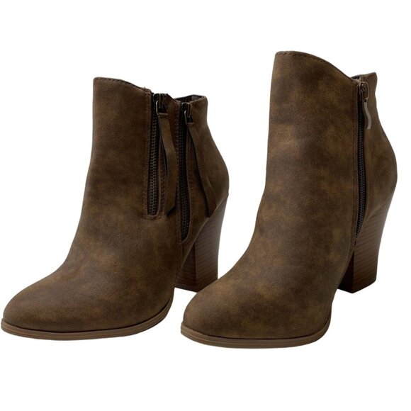 Journee Ankle Booties Shoe Women's 7‎ Brown Zipper-Accent Block-Heel NEW - Picture 1 of 8